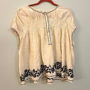 Max Studio Ivory Blouse with Navy Embroidery